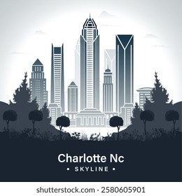 Charlotte North Carolina skyline with beautiful trees. 