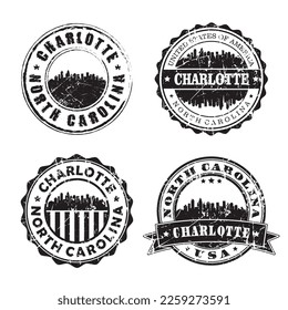Charlotte North Carolina Stamp Skyline Postmark. Silhouette Postal Passport. City Round Vector Icon Set. Vintage Postage
Design.