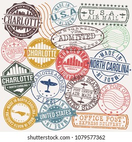 Charlotte North Carolina Stamp Vector Art Postal Passport Travel Design Set Badges.