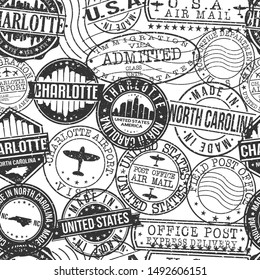 Charlotte North Carolina Stamps. City Stamp Vector Art. Postal Passport Travel. Design Set Pattern.