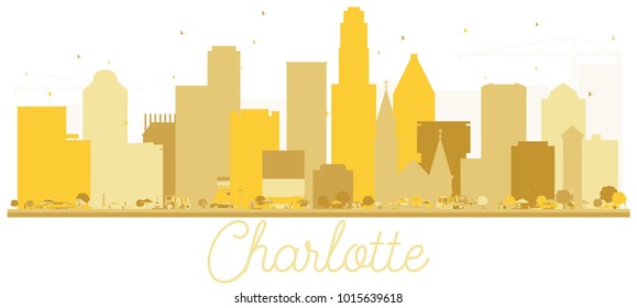 Charlotte North Carolina USA City Skyline Golden Silhouette. Vector Illustration. Simple Flat Concept for Tourism Presentation, Banner, Placard or Web Site. Charlotte Cityscape with Landmarks.