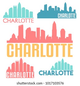 Charlotte North Carolina USA Flat Icon Skyline Silhouette Design. City Vector Art Famous Buildings Color Set.