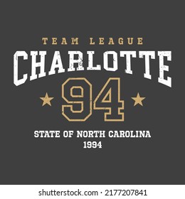 Charlotte, North Caroline design for t-shirt. College tee shirt print. Typography graphics for sportswear and apparel. Vector illustration.