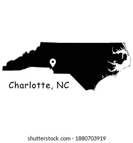 Charlotte On North Carolina State Map. Detailed NC State Map With Location Pin On Charlotte City. Black Silhouette Vector Map Isolated On White Background.