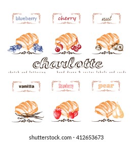 Charlotte puff bun hand drawn collection. Vector vintage illustration with cherry, blueberry, vanilla, nut, strawberry, pear and letter elements.