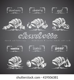 Charlotte puff bun hand drawn collection. Vector vintage illustration with cherry, blueberry, vanilla, nut, strawberry, pear and letter elements. Chalk imitation.