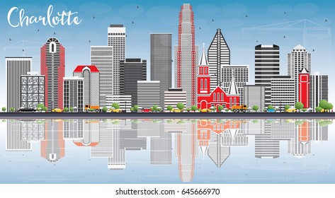 Charlotte Skyline with Gray Buildings, Blue Sky and Reflections. Vector Illustration. Business Travel and Tourism Concept with Modern Architecture. Image for Presentation Banner Placard and Web Site.