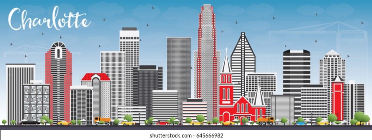 Charlotte Skyline with Gray Buildings and Blue Sky. Vector Illustration. Business Travel and Tourism Concept with Modern Architecture. Image for Presentation Banner Placard and Web Site.