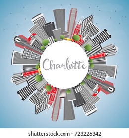 Charlotte Skyline with Gray Buildings, Blue Sky and Copy Space. Vector Illustration. Business Travel and Tourism Concept with Modern Architecture. Image for Presentation Banner Placard and Web Site.