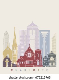 Charlotte skyline poster in editable vector file