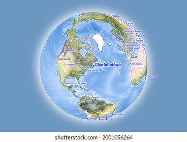 Charlottetown-Canada is shown on vector globe map. The map shows Charlottetown-Canada 's location in the world.
