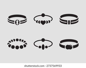 Charm and Beaded Bracelets Icons solid icon set.Stylish solid icons showcasing creative charm and bead jewelry concepts
