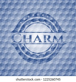 Charm blue emblem or badge with geometric pattern background.
