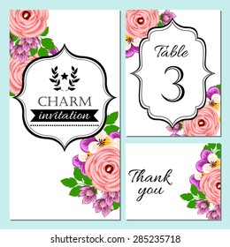 Charm collection. Floral ornament frame set. Invitation card, table number, thank you card. Perfect for invitations or announcements.