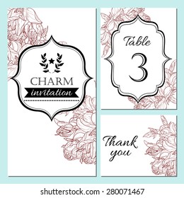 Charm collection. Vector floral ornament frame set. Invitation card, table number, thank you card. Perfect for invitations or announcements.