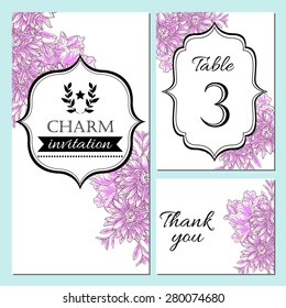 Charm collection. Vector floral ornament frame set. Invitation card, table number, thank you card. Perfect for invitations or announcements.