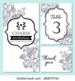 Charm collection. Vector floral ornament frame set. Invitation card, table number, thank you card. Perfect for invitations or announcements.