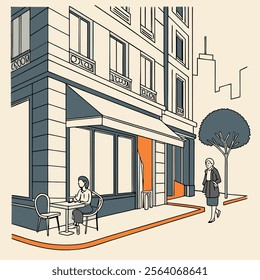 The charm of a cozy café scene in a bustling city, using minimalist vectors to outline the café tables, chairs, and a few passersby