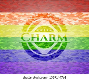 Charm emblem on mosaic background with the colors of the LGBT flag