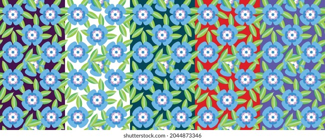 charm pattern with blue flowers -there are five patterns in this pallet background, texture, floor carpet , cushion cover, wallpaper, wrapping paper and fabric pattern.