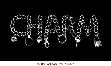 charm silver chain lace with hanging charm vector illustration on black background