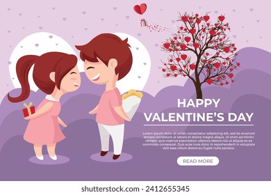 Charm your audience with our delightful Valentine's Day banner featuring a cute couple in a vector background. Spread love with this enchanting design! 💖 #ValentinesDay #VectorArt