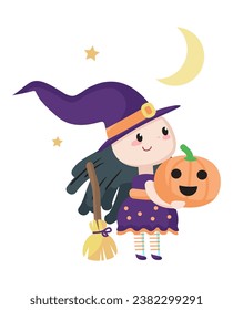 Charmed little witch girl child cartoon Halloween character vector illustration. Small sorceress holding carved pumpkin jack-o-lantern tradition autumn symbol