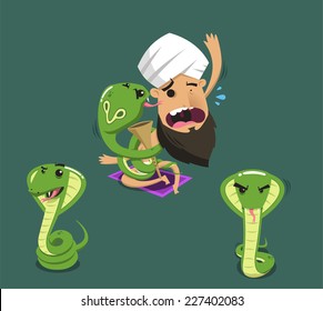 Charmer being eaten by Cobra Poisonous Snake, vector illustration cartoon.