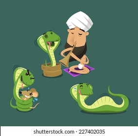 Charmer playing flute to Cobra Poisonous Snake, vector illustration cartoon.