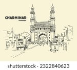 Charminar - famous historical mosque. Hyderabad, Telangana state, India. Travel sketch. Vintage hand drawn Ramadan Kareem or Idul Fitri celebration postcard or poster. Vector line art.