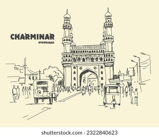 Charminar - famosa mezquita histórica. Hyderabad, estado de Telangana, India. Esbozo de viajes. Cartel o afiche de la celebración de Ramadan Kareem o Idul Fitri dibujado a mano. Arte de la línea del vector.