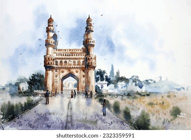 Charminar, Watercolor Painting,  Hyderabad City Icon, Telangana