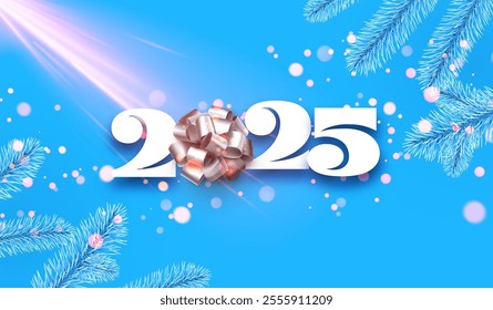 Charming 2025 design with frosty blue branches, a shining ribbon bow, and sparkling pink highlights on a vibrant blue background. Perfect for winter celebrations and New Year themes.