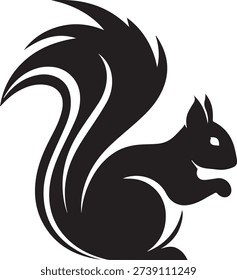 Charming 2D black and white squirrel mascot with a friendly smile holding an acorn, perfect for logos, branding, and playful designs with a natural touch.