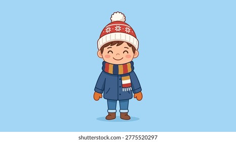 A charming 2D flat design illustration of a happy boy dressed for cold weather, featuring a winter coat, beanie, scarf, and mittens. Perfect for seaso