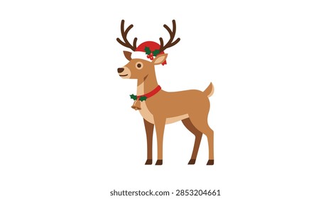 A charming 2D flat vector cartoon of a brown reindeer standing in profile. The reindeer features large antlers and is dressed for the holiday season with a classic red and white Santa hat decorated with holly berries. It also wears a red collar adorned with a golden bell and green holly leaves.