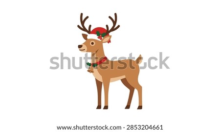 A charming 2D flat vector cartoon of a brown reindeer standing in profile. The reindeer features large antlers and is dressed for the holiday season with a classic red and white Santa hat decorated with holly berries. It also wears a red collar adorned with a golden bell and green holly leaves.