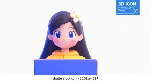 A charming 3D character with long black hair and a flower accessory sits in front of a laptop, showcasing a colorful and inviting workspace, perfectly blending playfulness with productivity.