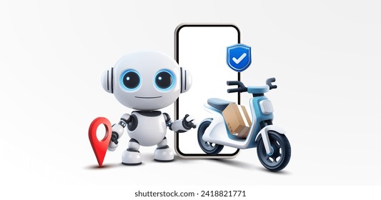 A charming 3D robot ai character standing next to a delivery scooter with a location pin, symbolizing futuristic delivery services. Online delivery service concept.perfect for landing page. Vector