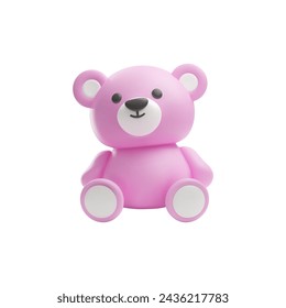 Charming 3D set of baby essentials featuring a playful pink stroller and a cute teddy bear. Vector illustration perfect for children's themes.