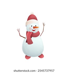 Charming 3D vector illustration of cheerful snowman wearing red scarf and Santa hat, with twig arms and bright orange carrot nose. Perfect for winter holidays, Christmas, and festive designs