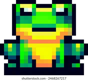 A charming 8-bit pixel art frog, designed in a nostalgic retro game style, available as a vector icon with no background for versatile use in digital and print projects.
