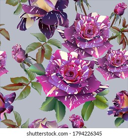Charming Abracadabra roses. Vector seamless floral pattern with retro flowers on a gray background, vector illustration.