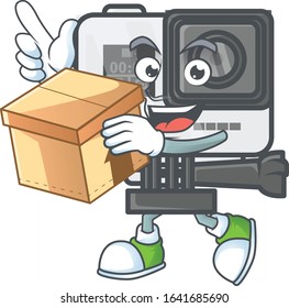 A charming action camera mascot design style having a box