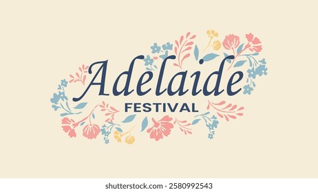 A charming Adelaide Festival logo featuring colorful floral patterns and elegant typography, symbolizing creativity, culture, and artistic expression