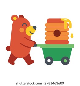 A charming and adorable brown bear character pushing a green garden cart loaded with a tall stack of golden honey cakes, perfect for children books or food designs.