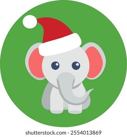 A charming and adorable cartoon elephant dressed in a Santa hat, Merry Christmas