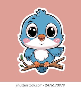 A charming and adorable cartoon illustration of a blue bird animal, featuring large eyes and a cute smile. The bird is perched on a branch, holding a small twig in its beak.