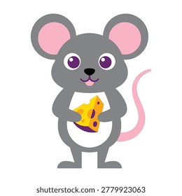 A charming and adorable grey mouse holding a delicious piece of yellow Swiss cheese. This friendly rodent character features big eyes and a happy smile, perfect for.