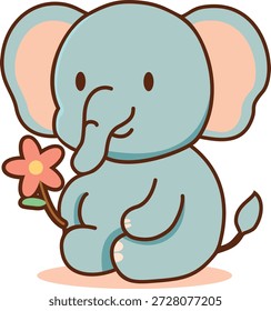 Uma ilustração encantadora e adorável de um elefante bebê azul claro sentado pacificamente e segurando uma pequena flor rosa. Apresentando um estilo de arte "kawaii" limpo, com contornos marrons grossos e cores pastel suaves, este personagem de estilo vetorial é perfeito para designs infantis, decoração de berçário e cartões comemorativos.